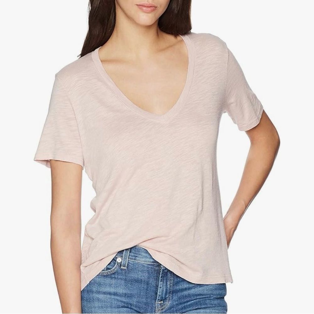 Splendid Peach V-Neck Top SZ L Metallic Thread Relaxed Sheer Casual Classic